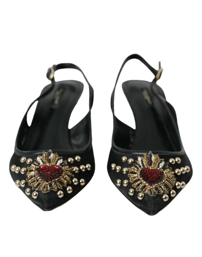 Dolce & Gabbana Black Mesh Embellished Heel Slingbacks Shoes In Black