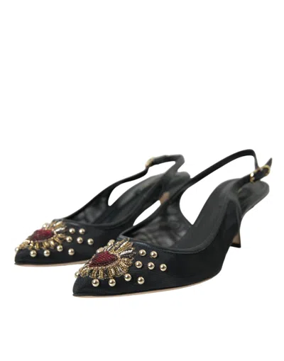 Dolce & Gabbana Black Mesh Embellished Heel Slingbacks Shoes In Black