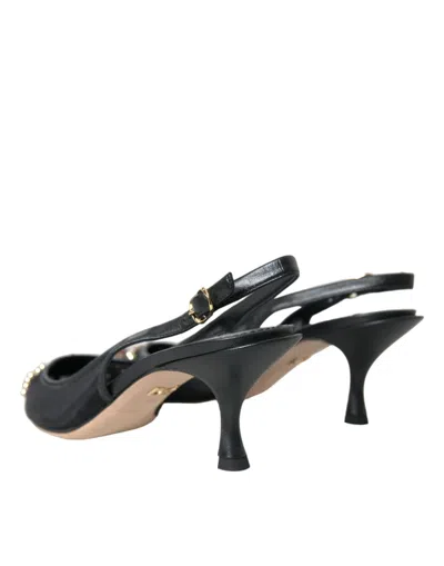 Dolce & Gabbana Black Mesh Embellished Heel Slingbacks Shoes In Black
