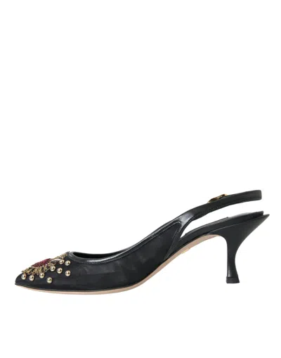 Dolce & Gabbana Black Mesh Embellished Heel Slingbacks Shoes In Black