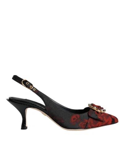 Dolce & Gabbana Black Red Floral Crystal Heel Slingback Shoes In Black And Red
