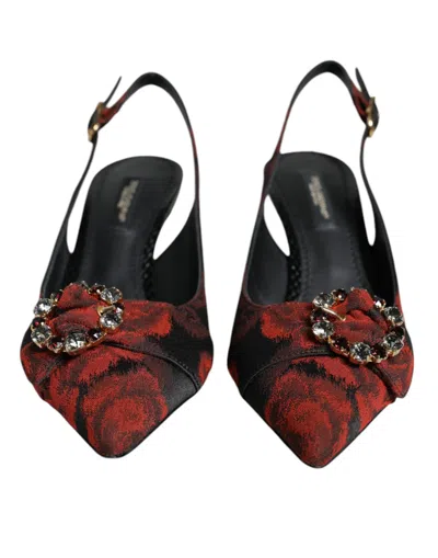 Dolce & Gabbana Black Red Floral Crystal Heel Slingback Shoes In Black And Red