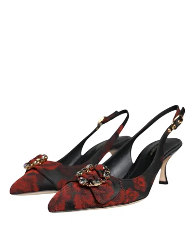 Dolce & Gabbana Black Red Floral Crystal Heel Slingback Shoes In Black And Red
