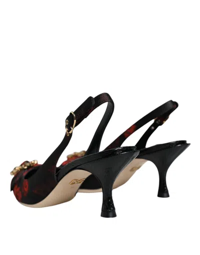 Dolce & Gabbana Black Red Floral Crystal Heel Slingback Shoes In Black And Red