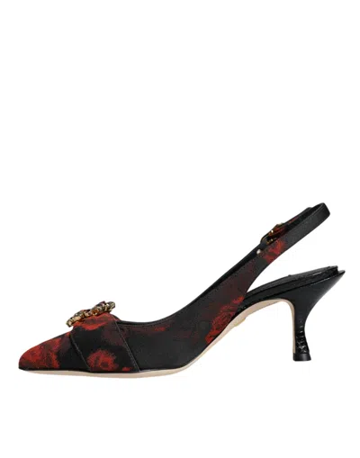 Dolce & Gabbana Black Red Floral Crystal Heel Slingback Shoes In Black And Red