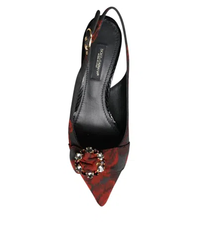 Dolce & Gabbana Black Red Floral Crystal Heel Slingback Shoes In Black And Red
