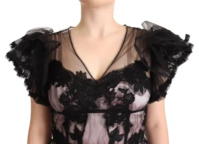 Dolce & Gabbana Black Pink Floral Lace A-line Midi Sheer Dress In Black