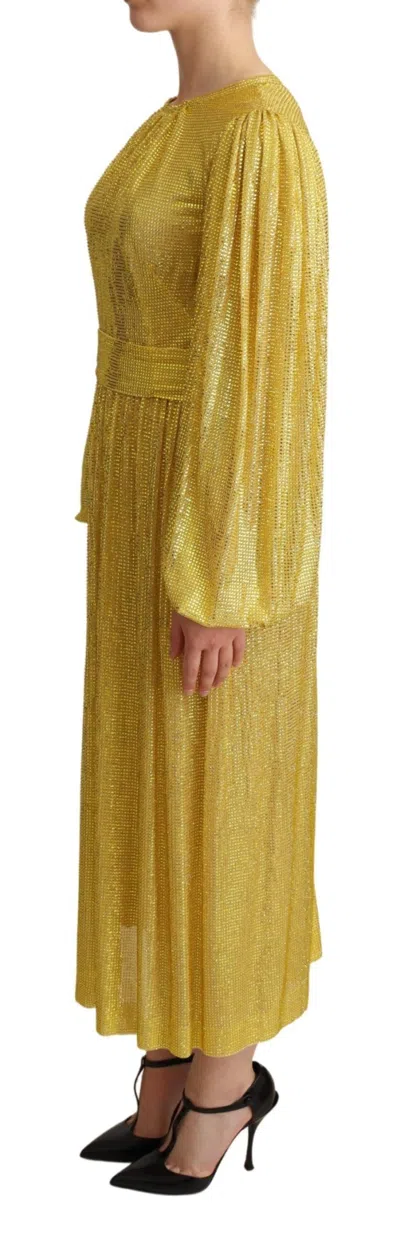 Dolce & Gabbana Yellow Crystal Mesh Pleated Maxi Dress In Yellow