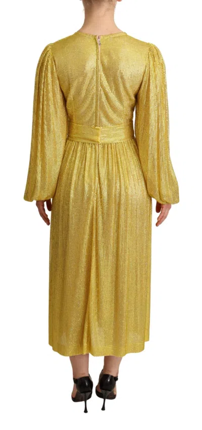 Dolce & Gabbana Yellow Crystal Mesh Pleated Maxi Dress In Yellow