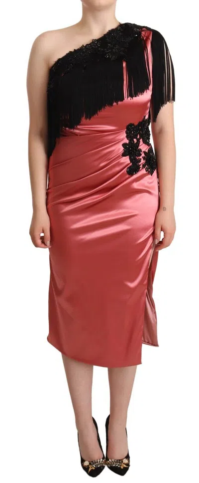 Dolce & Gabbana Pink One-shoulder Silk Tassel Fringe Gown Mid Dress In Pink