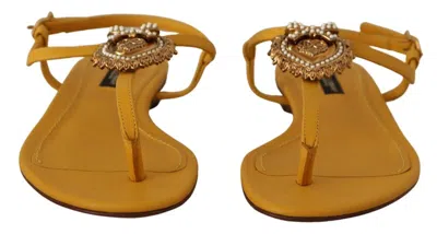Dolce & Gabbana Mustard T-strap Flat Sandals With Heart Embellishment In Yellow
