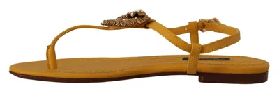 Dolce & Gabbana Mustard T-strap Flat Sandals With Heart Embellishment In Yellow