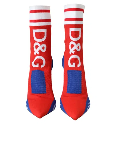 Dolce & Gabbana Red Blue Stretch Sock Style Ankle Boots Logo Shoes In Multicolor