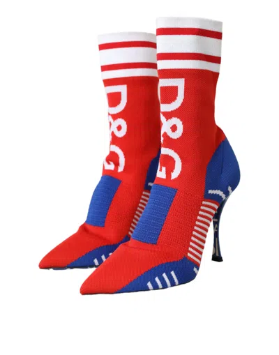 Dolce & Gabbana Red Blue Stretch Sock Style Ankle Boots Logo Shoes In Multicolor