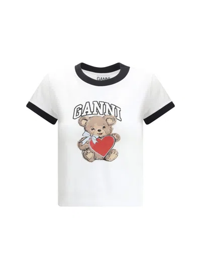 Ganni White Crewneck T-shirt With Logo Print On The Front