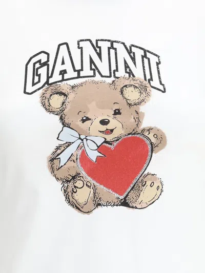 Ganni White Crewneck T-shirt With Logo Print On The Front