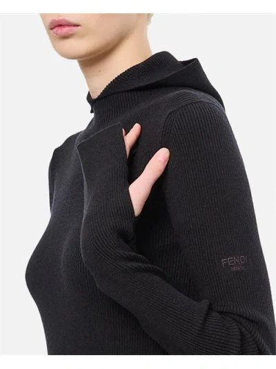 Fendi Women Wool Silk Ribs Mini Dress In Black