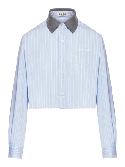 Miu Miu Women Striped Cotton Shirt With Contrast Collar In Blue