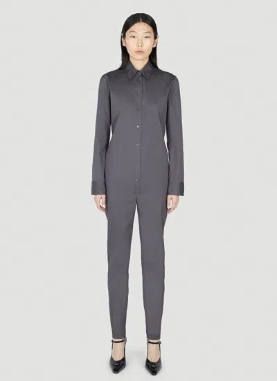 Prada Collared Long-sleeve Skinny-leg Jumpsuit In Gray