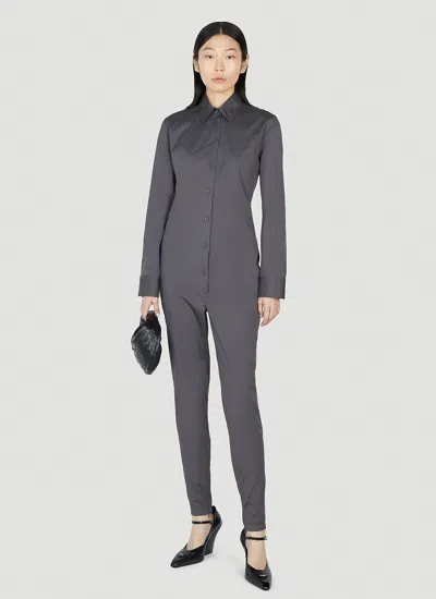 Prada Collared Long-sleeve Skinny-leg Jumpsuit In Gray