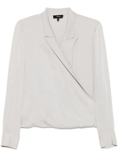 Theory Peak Lapel Wrap Blouse In Blue