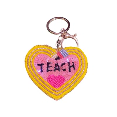 Sophia Collection Teacher Heart Beaded Keychain In Pink/yellow In Multi