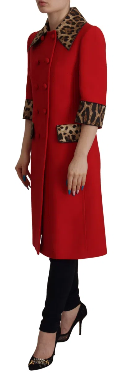 Dolce & Gabbana Red Leopard Wool Trenchcoat Jacket In Red