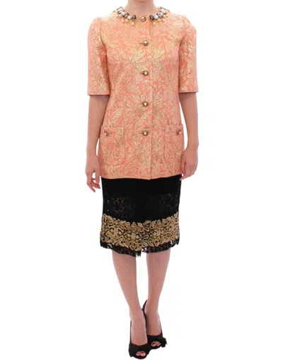 Dolce & Gabbana Pink Silk Brocade Crystal Jacket Coat In Pink