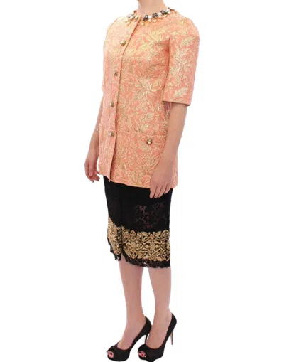 Dolce & Gabbana Pink Silk Brocade Crystal Jacket Coat In Pink