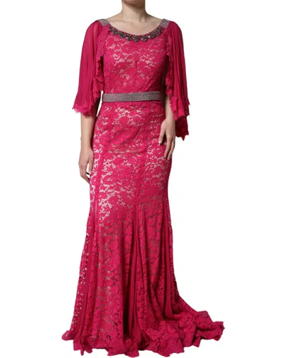 Dolce & Gabbana Pink Lace Crystal Sheath Long Gown Dress In Pink