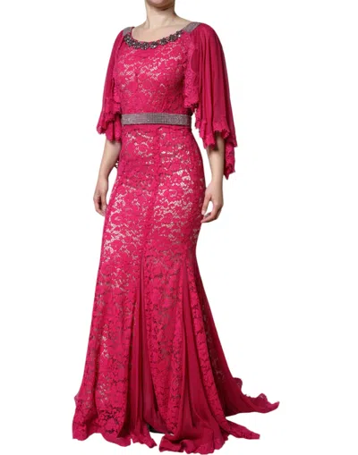 Dolce & Gabbana Pink Lace Crystal Sheath Long Gown Dress In Pink