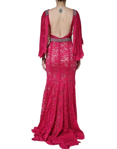 Dolce & Gabbana Pink Lace Crystal Sheath Long Gown Dress In Pink