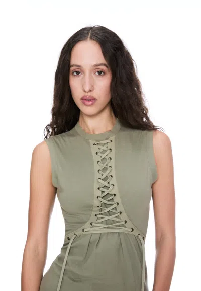 Ar24 Christian Dior Sleeveless Olive Lace Up Dress