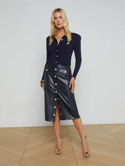 L Agence Milann Midi Snap Front Skirt In Midnight In Midnight/gold