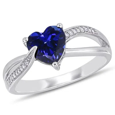 Mimi & Max 1 7/8 Ct Tgw Created Blue Sapphire And Diamond Heart Crossover Ring In Sterling Silver In White