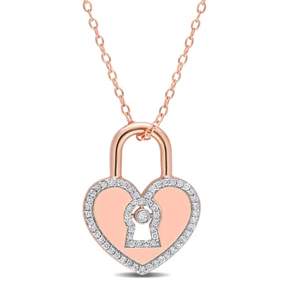 Mimi & Max 1/5 Ct Tw Diamond Heart Lock Pendant With Chain In Rose Plated Sterling Silver In Pink