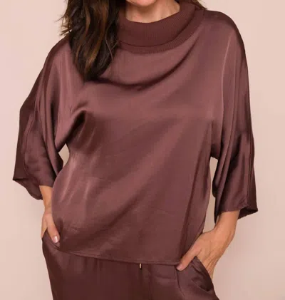 Suzy D Galina Silky Batwing Top With Rib Cowl Neck Top In Mocha In Multi