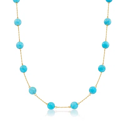Ross-simons 8mm Turquoise Bead Station Necklace In 14kt Yellow Gold In Multi