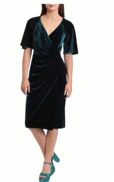 MAGGY LONDON STRETCH VELVET WRAP MIDI DRESS IN HUNTER GREEN 