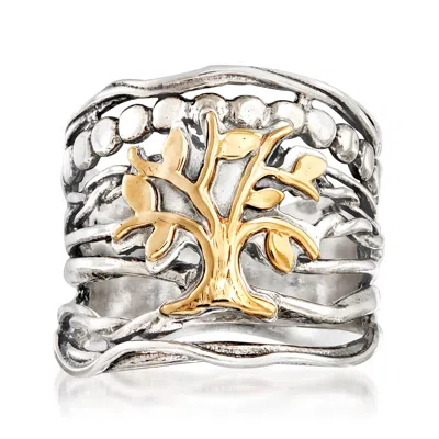 Ross-simons Sterling Silver And 14kt Yellow Gold Multi-row Tree Of Life Ring In White