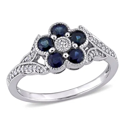 Mimi & Max 3/4 Ct Tgw Blue Sapphire And 1/6 Ct Tw Diamond Floral Engagement Ring In 10k White Gold In White