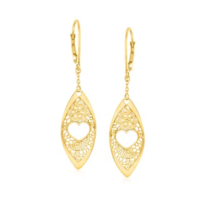 Ross-simons Italian 14kt Yellow Gold Heart Lace Marquise-shaped Drop Earrings In Yellow