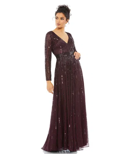 Mac Duggal Sequined Long Sleeve Plunging V-neck Gown In Multi