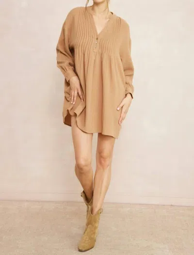 Entro Solid Textured Long Sleeve Dress In Camel In Multi