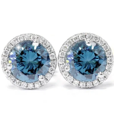 Pompeii3 2 1/10ct Blue & White Diamond Halo Studs 10k White Gold In Multi