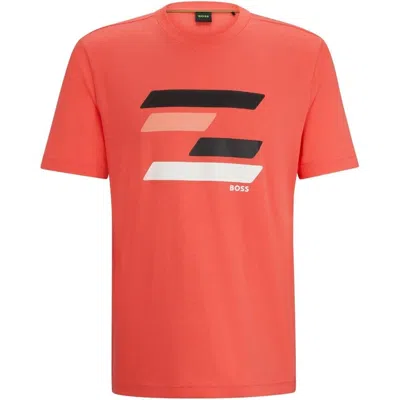 HUGO BOSS MEN'S TEE 3 LOGO SHORT SLEEVE T-SHIRT, PINK FLAG 