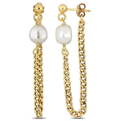 Mimi & Max 8-8.5mm Cultured Freshwater Pearl Earrings With Curb Chain In Yellow Gold Plated Sterling Silver In Multi