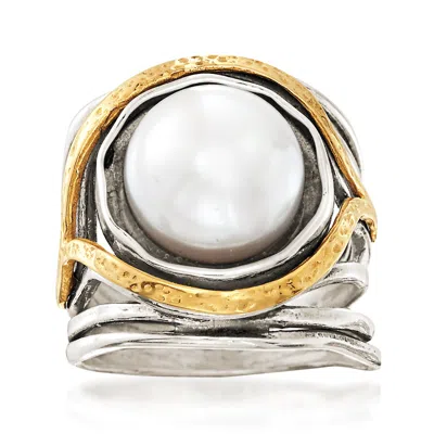 Ross-simons 11.5-12mm Cultured Pearl Openwork Ring In Sterling Silver And 14kt Yellow Gold In White
