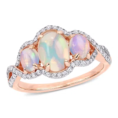 Mimi & Max Ethiopian Blue Opal And 1/3 Ct Tw Diamond 3-stone Halo Twist Ring In 10k Rose Gold In Pink