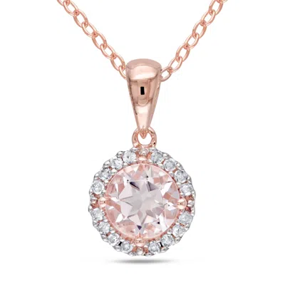 Mimi & Max Morganite And 1/10 Ct Tw Diamond Halo Necklace In Rose Plated Sterling Silver In Pink